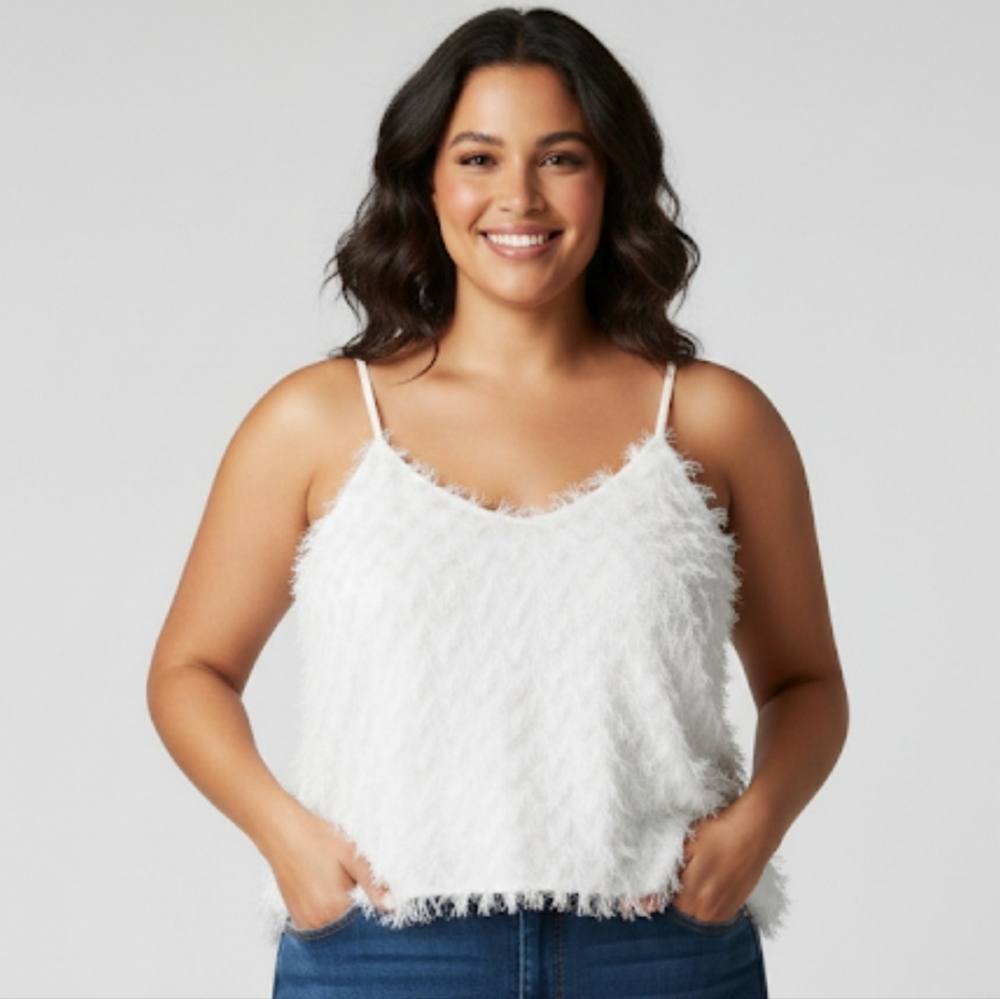 NWOT Cupshe White Textured Camisole Top Women's XL Fringe Lined Adjustable Strap